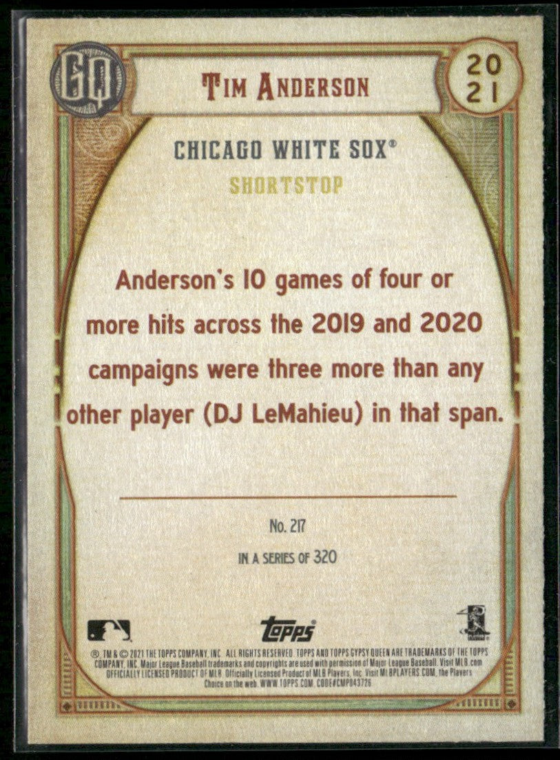 Tim Anderson 2021 Topps Gypsy Queen Missing Nameplate #217 Chicago White Sox