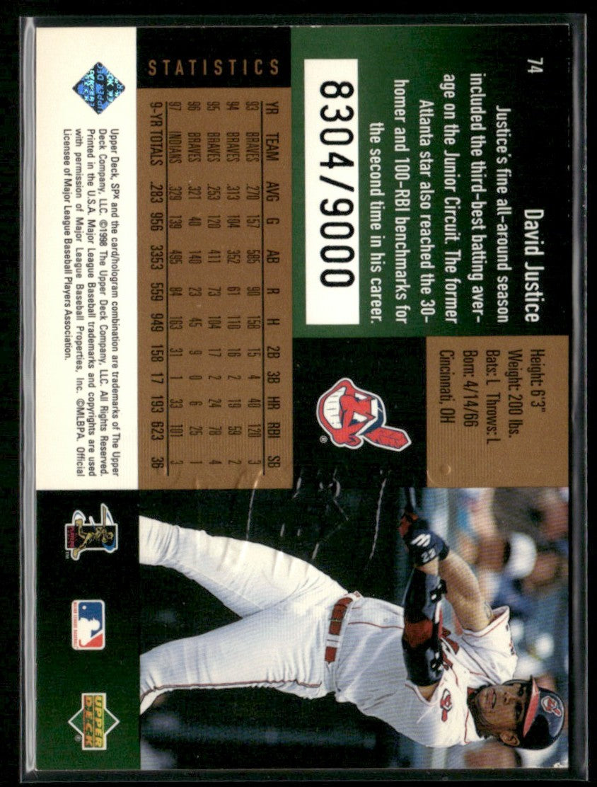 David Justice 1998 SPx Finite /9000 #74 Cleveland Indians