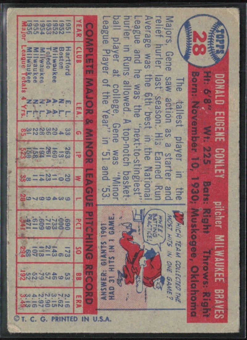 Gene Conley 1957 Topps #28 Milwaukee Braves