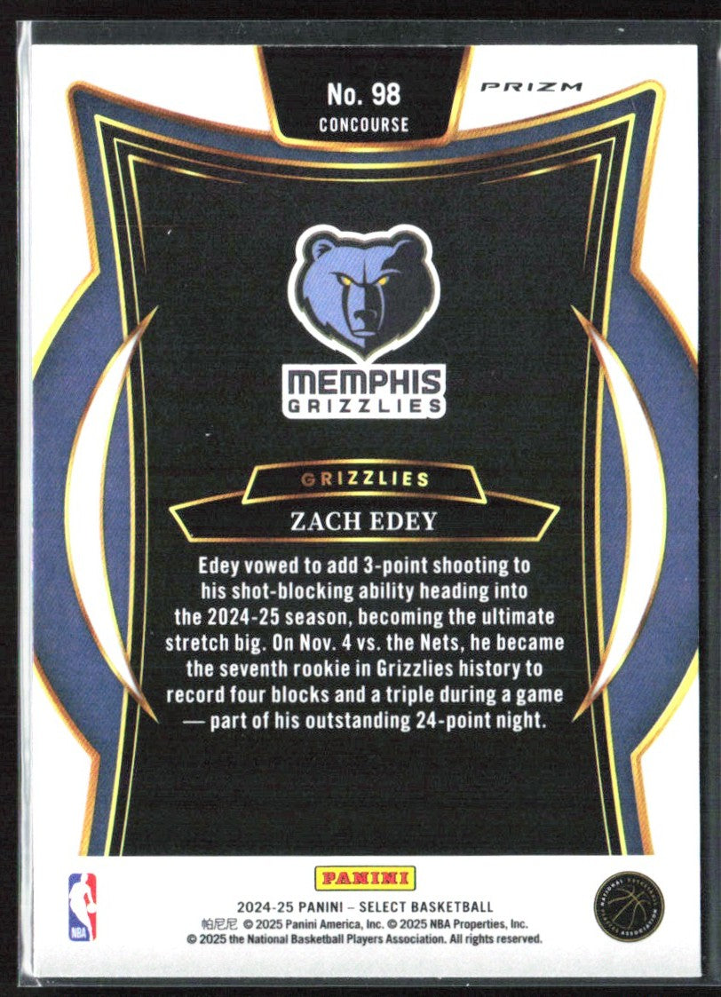 Zach Edey 2024 Panini Select Orange Flash RC #98 Memphis Grizzlies
