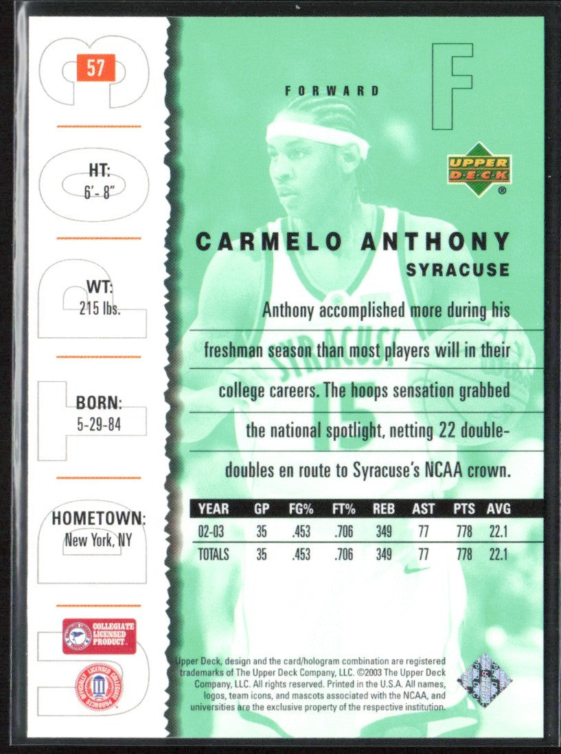 Carmelo Anthony 2003 UD Top Prospects #57 Syracuse Orangemen