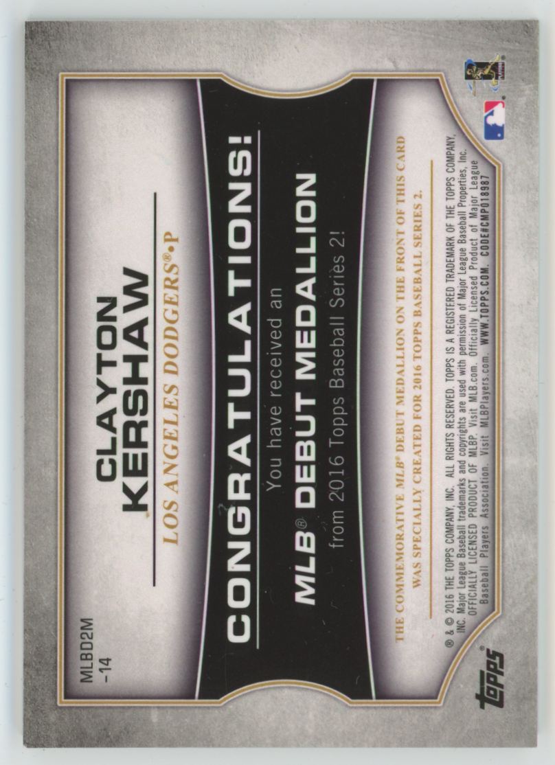 Clayton Kershaw 2016 Topps MLB Debut Medallion Patch #MLBD2M-14