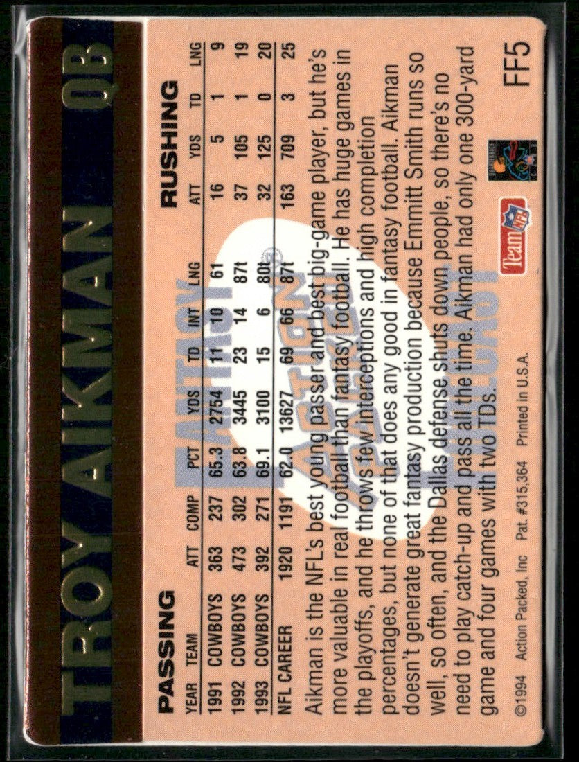 Troy Aikman 1994 Action Packed Fantasy Forecast #FF5 Dallas Cowboys