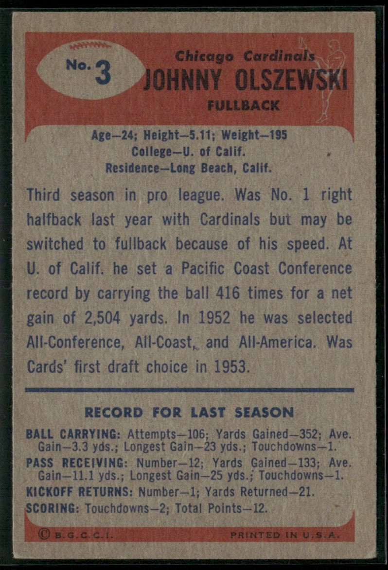 Johnny Olszewski 1955 Bowman #3 Chicago Cardinals