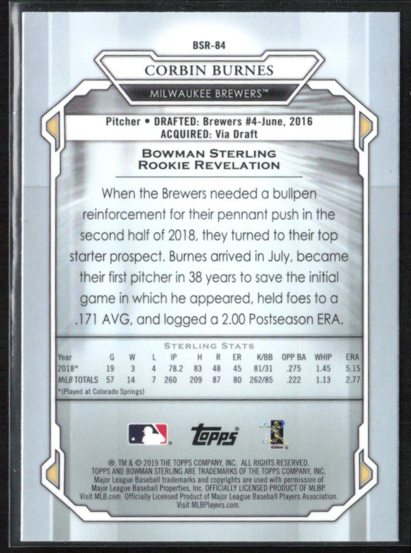 Corbin Burnes 2019 Bowman Sterling RC #BSR-84 Milwaukee Brewers
