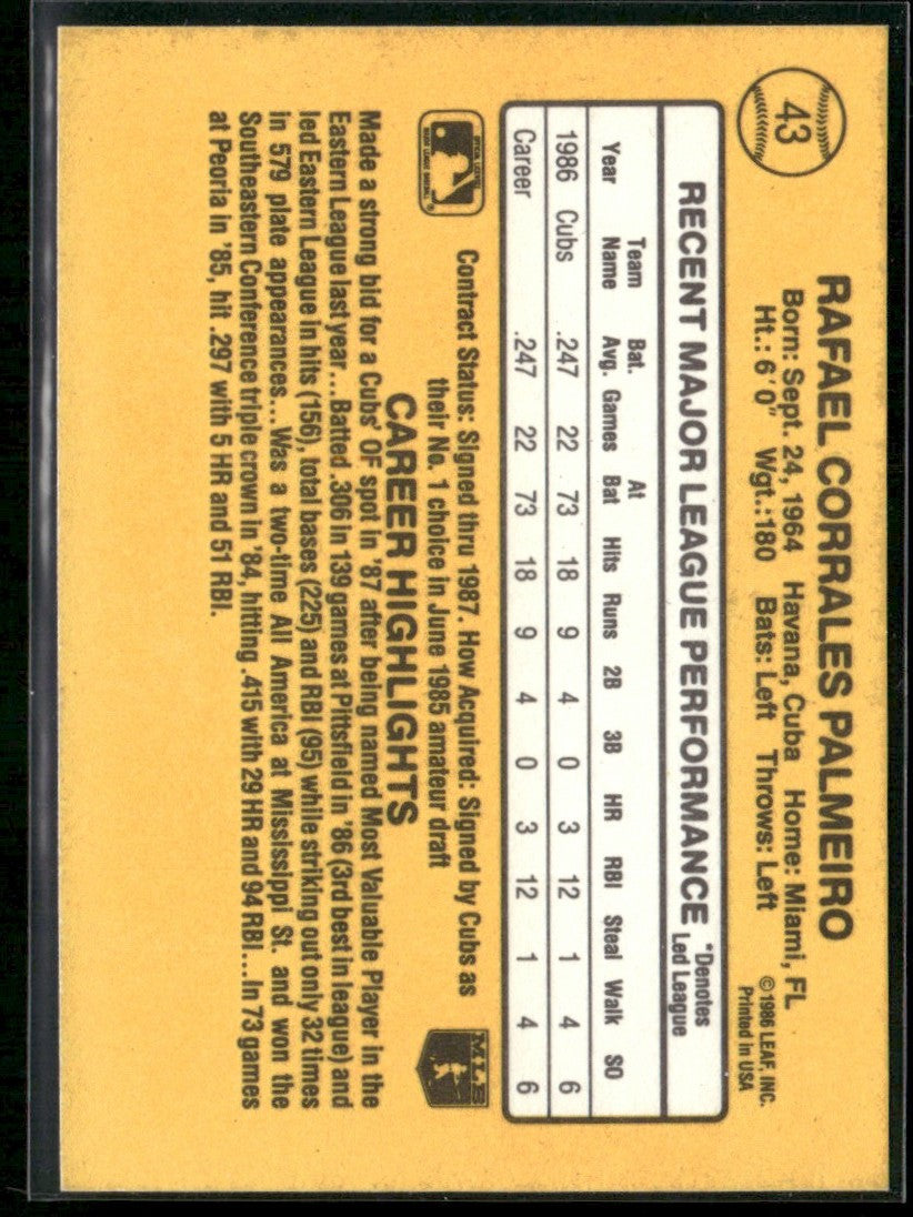 Rafael Palmeiro 1987 Donruss RC #43 Chicago Cubs