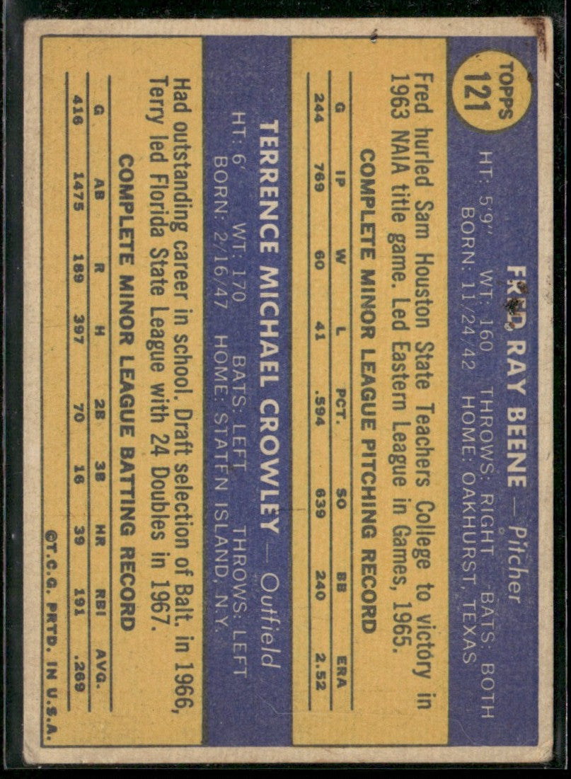 Orioles 1970 Rookie Stars - Fred Beene/Terry Crowley 1970 Topps RC #121