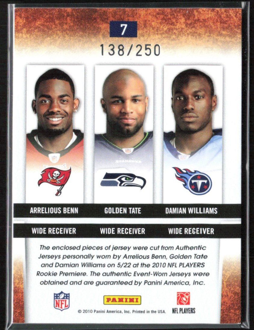 Benn/Tate/Williams 2010 Panini Gridiron Gear Rookie Orientation Materials Triple
