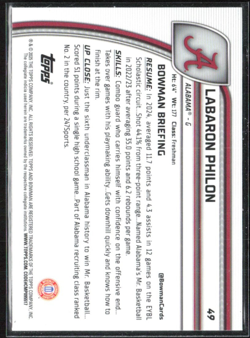 Labaron Philon 2025 Bowman U Chrome 1st #49 Alabama Crimson Tide