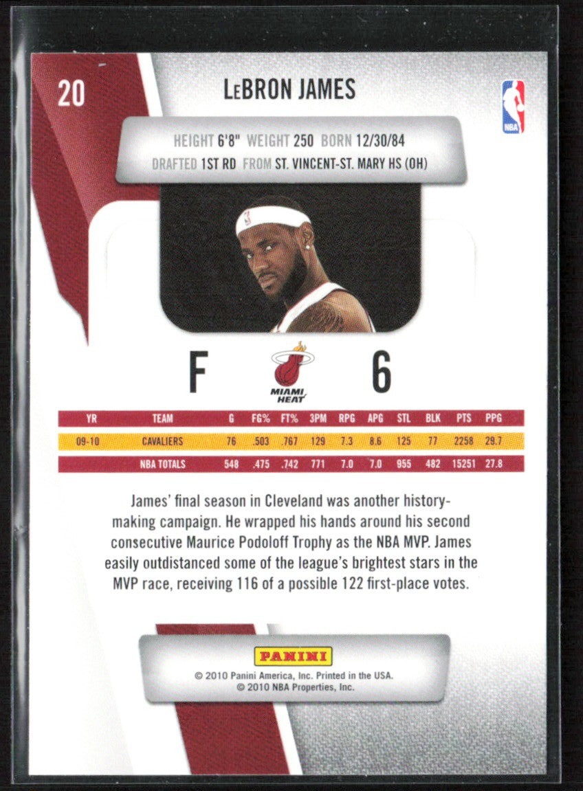 LeBron James 2010 Panini Prestige #20 Miami Heat