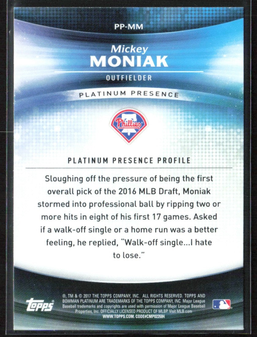 Mickey Moniak 2017 Bowman Platinum Presence #PP-MM Philadelphia Phillies