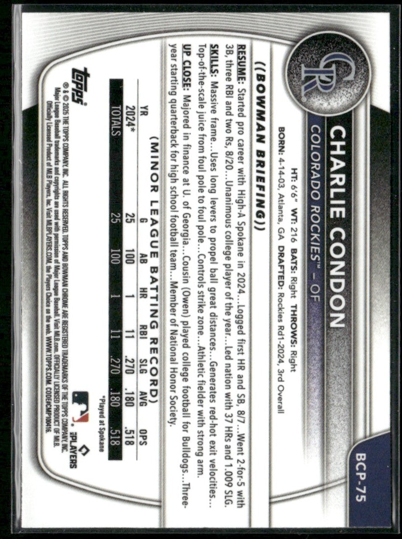Charlie Condon 2025 Bowman Chrome 1st #BCP-75 Colorado Rockies