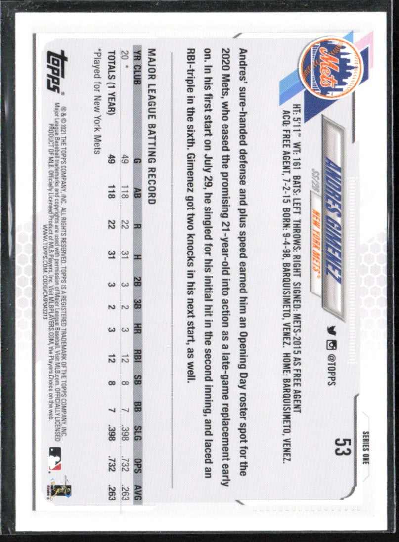 Andres Gimenez 2021 Topps Yellow RC #53 New York Mets