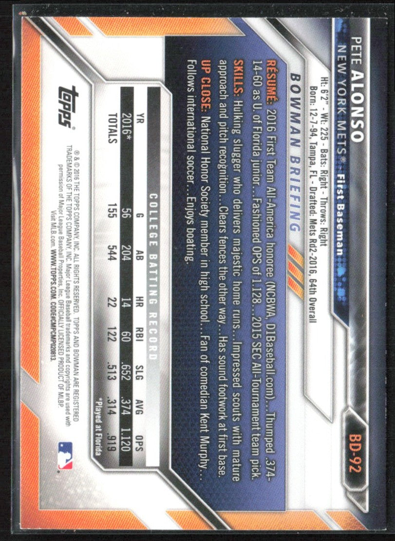 Pete Alonso 2016 Bowman Draft 1st #BD-92 New York Mets