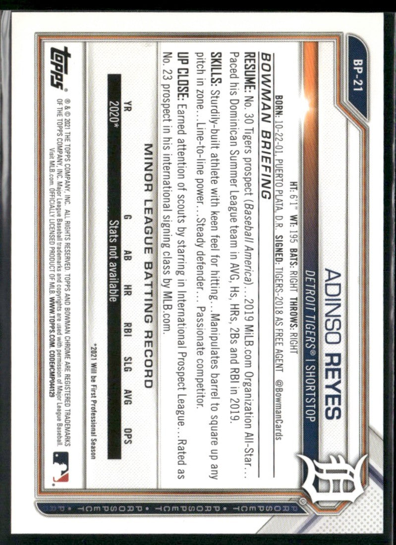Adinso Reyes 2021 Bowman 1st Sky Blue /499 #BP-21 Detroit Tigers