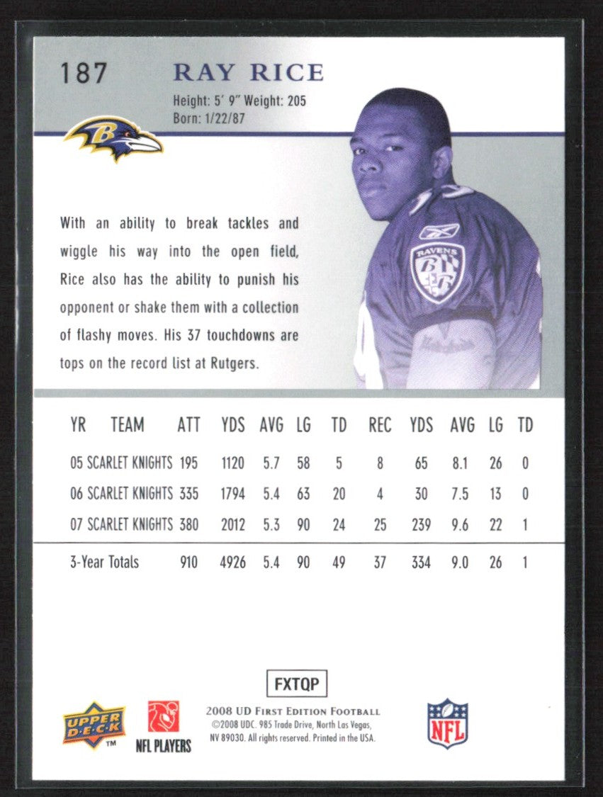 Ray Rice 2008 Upper Deck First Edition RC #187 Baltimore Ravens