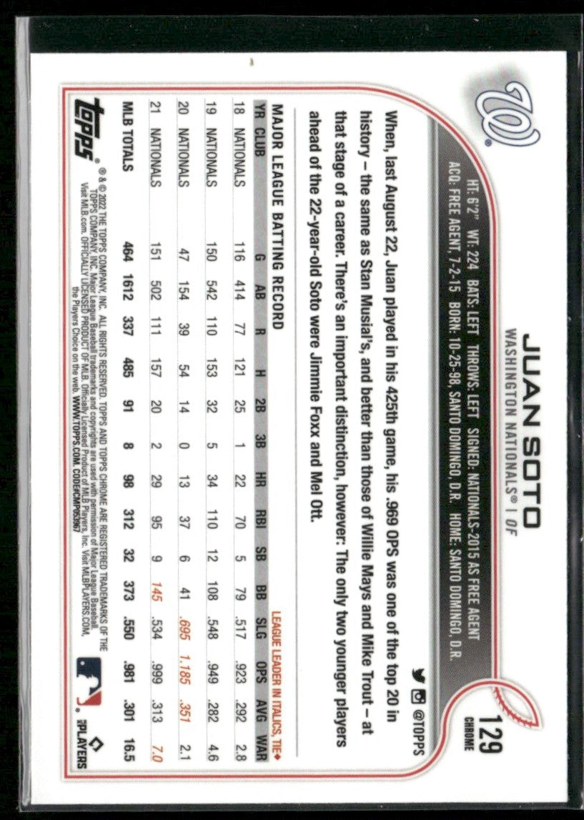 Juan Soto 2022 Topps Chrome Prism Refractor #129 Washington Nationals