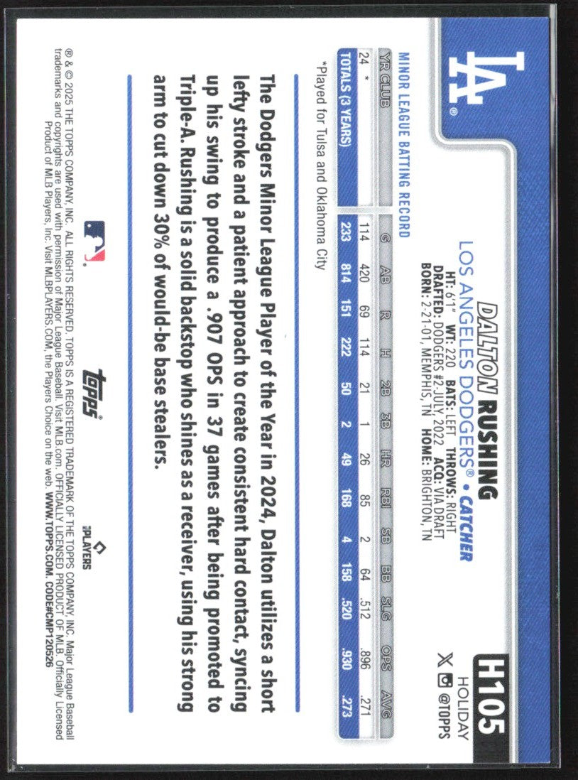 Dalton Rushing 2025 Topps Holiday Blue Holiday Lights RC #H105
