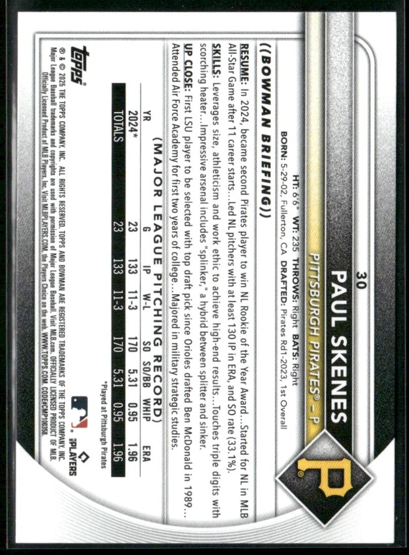 Paul Skenes 2025 Bowman #30 Pittsburgh Pirates