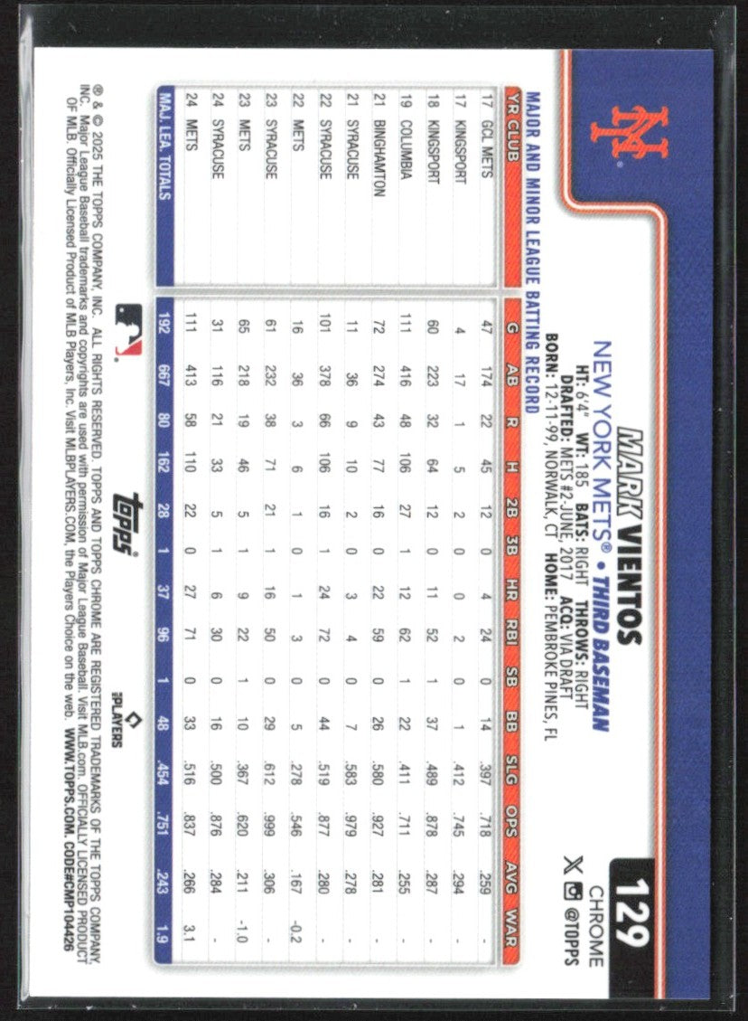 Mark Vientos 2025 Topps Chrome Purple Refractor /250 #129 New York Mets