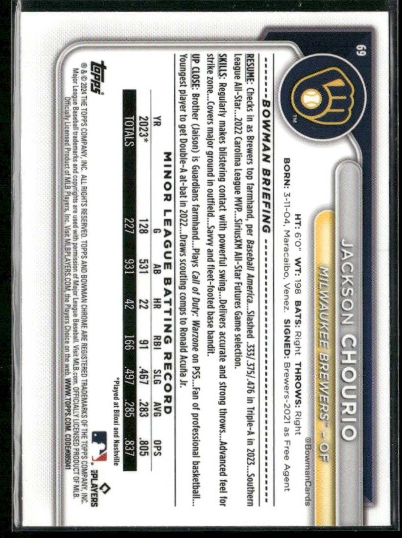 Jackson Chourio 2024 Bowman Chrome RC #69 Milwaukee Brewers