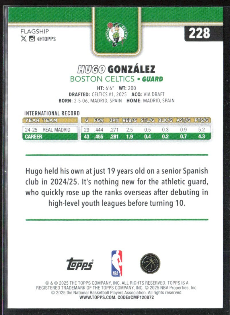 Hugo Gonzalez 2025 Topps RC #228 Boston Celtics