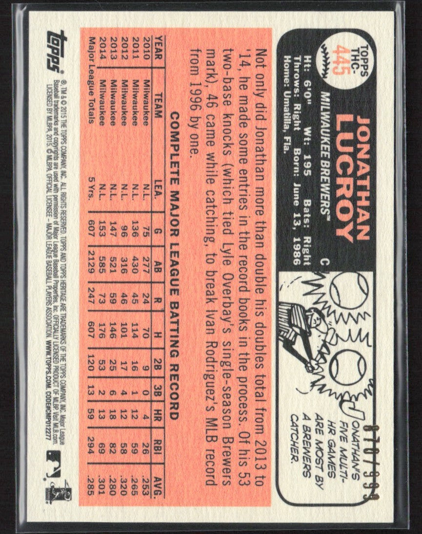 Jonathan Lucroy 2015 Topps Heritage Chrome /999 #THC-445 Milwaukee Brewers