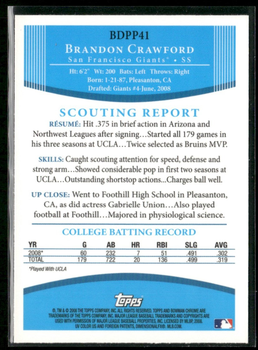 Brandon Crawford 2008 Bowman Draft Picks & Prospects Chrome 1st #BDPP41
