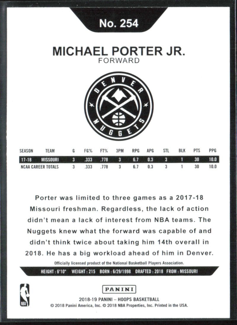 Michael Porter Jr. 2018 NBA Hoops Purple RC #254 Denver Nuggets