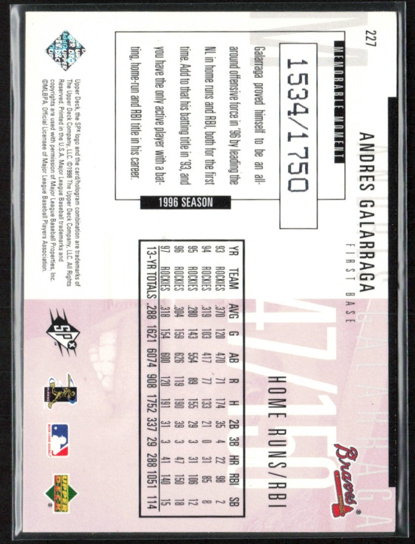Andres Galarraga 1998 SPx Finite Spectrum /1750 #227 Atlanta Braves