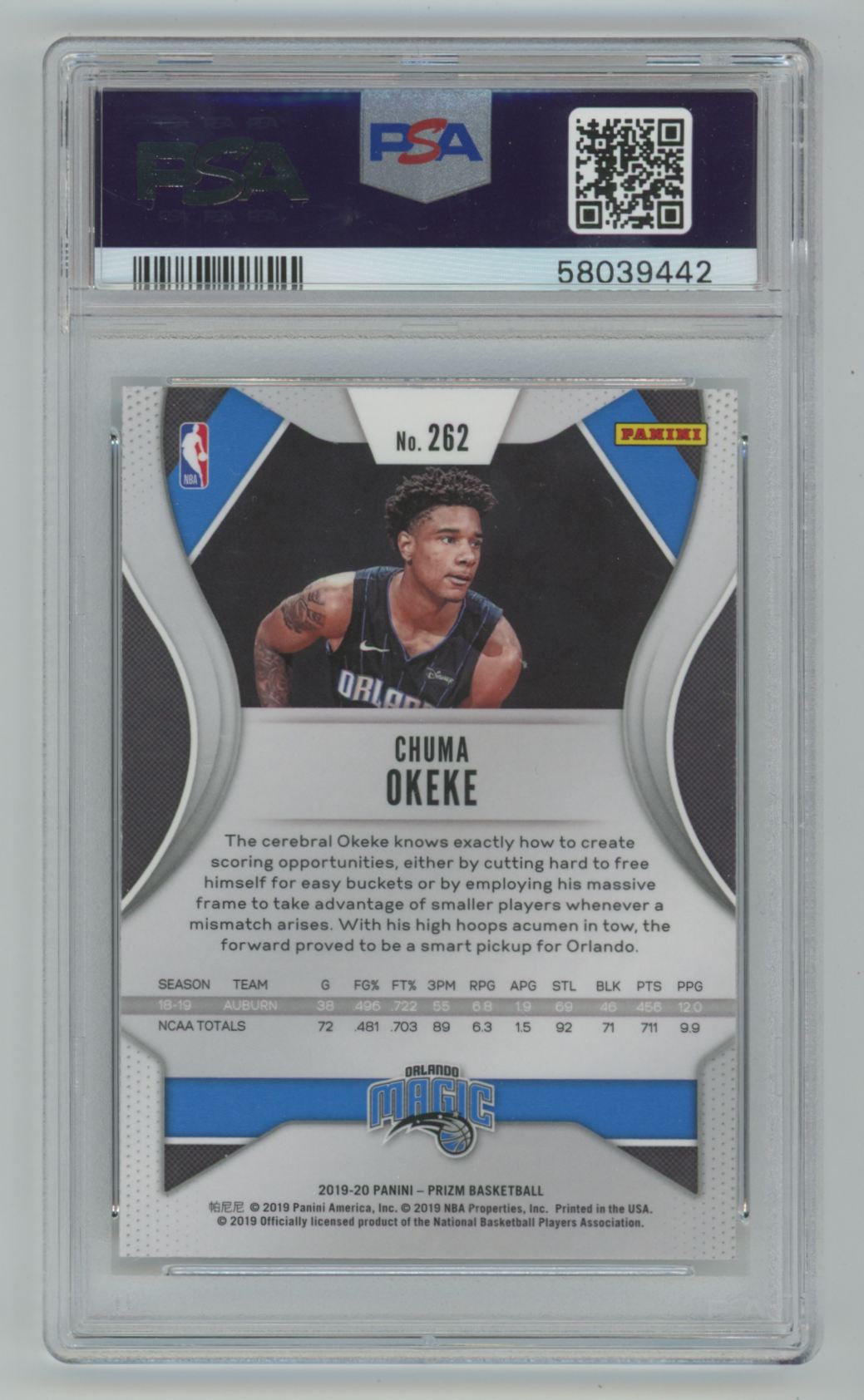 Chuma Okeke 2019 Panini Prizm RC psa 10.0 #262 Orlando Magic