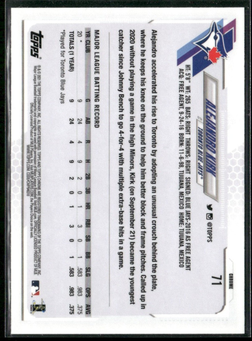 Alejandro Kirk 2021 Topps Chrome RC #71 Toronto Blue Jays