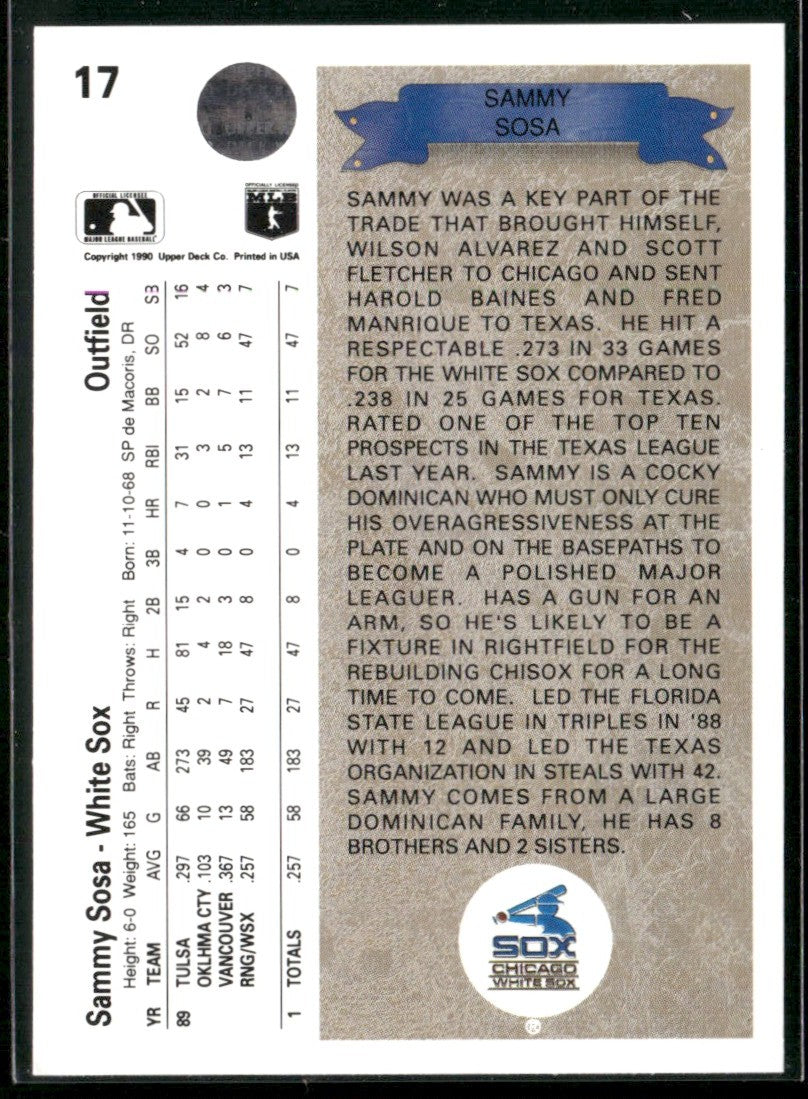 Sammy Sosa 1990 Upper Deck RC #17 Chicago White Sox