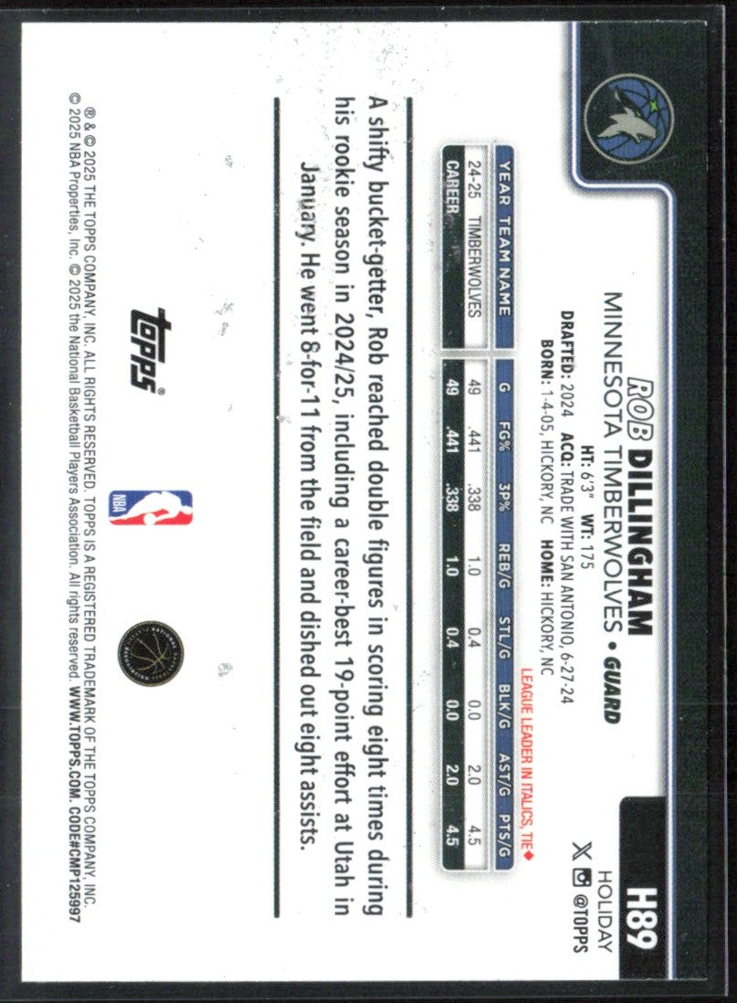 Rob Dillingham 2025 Topps Holiday Silver Glitter #H89 Minnesota Timberwolves