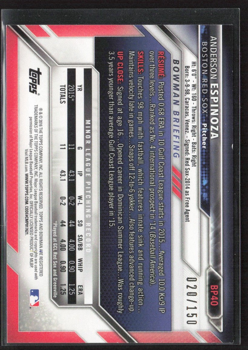 Anderson Espinoza 2016 Bowman 1st Blue /150 #BP40 Boston Red Sox