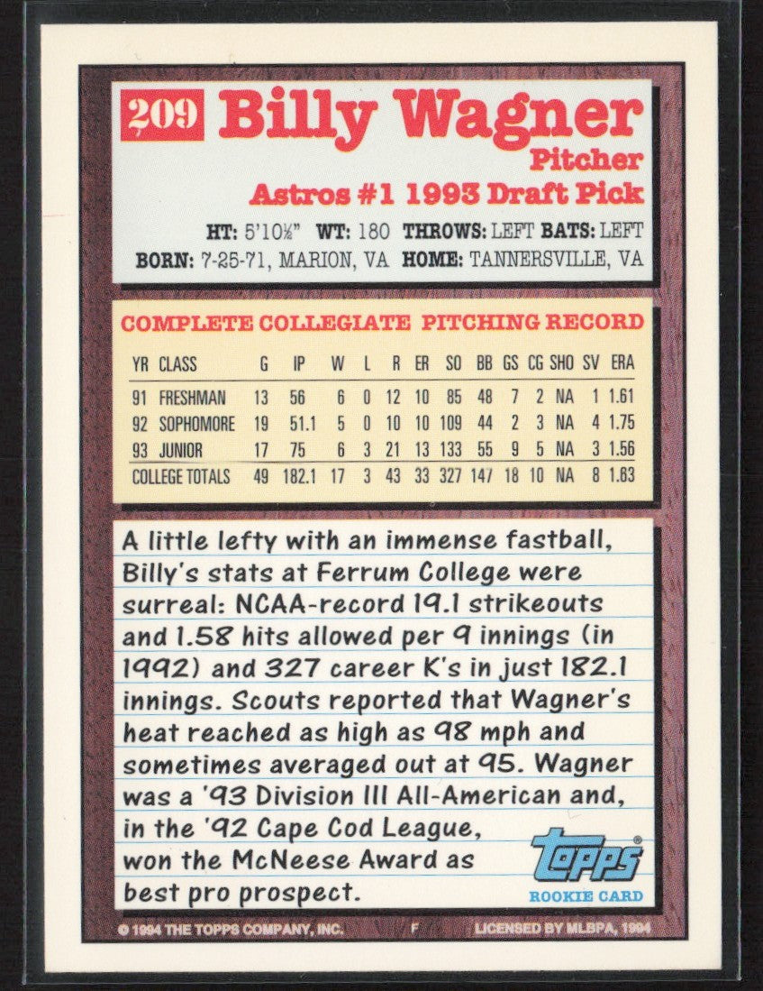 Billy Wagner 1994 Topps RC #209 Houston Astros