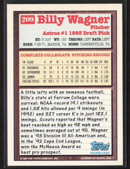 Billy Wagner 1994 Topps RC #209 Houston Astros