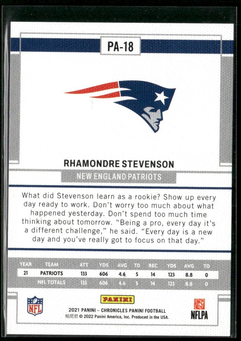 Rhamondre Stevenson 2021 Panini Chronicles Bronze RC #PA-18 New England Patriots