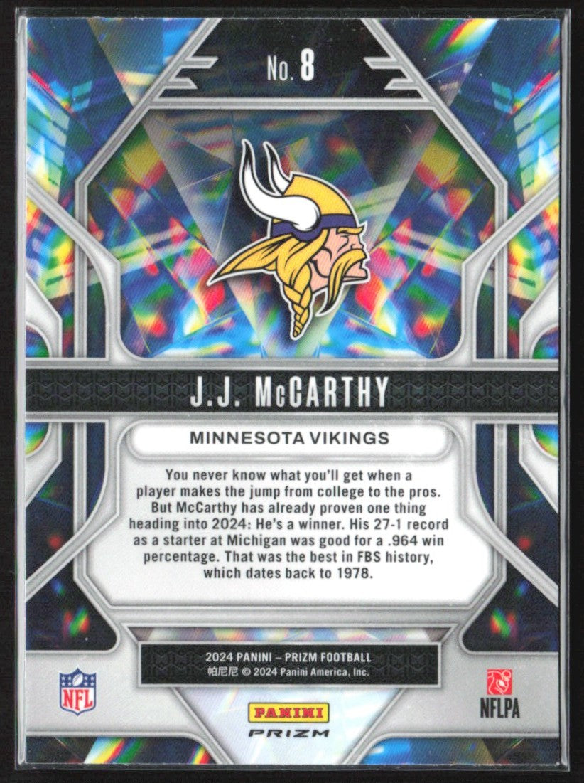 J.J. McCarthy 2024 Panini Prizm Prizmatic Green Wave RC #8 Minnesota Vikings