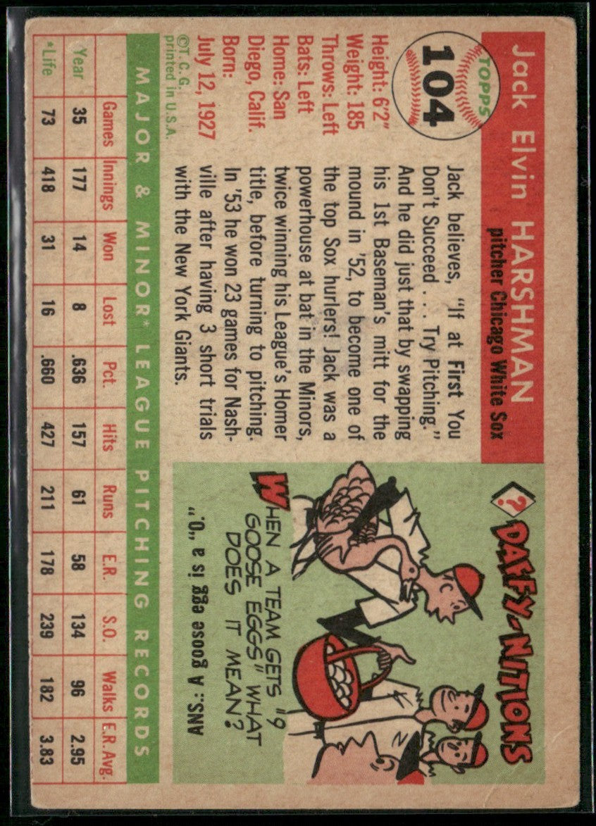 Jack Harshman 1955 Topps #104 Chicago White Sox