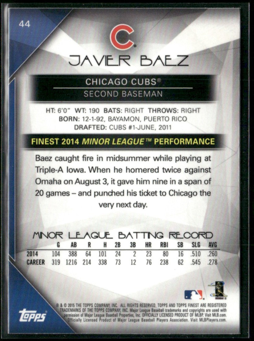 Javier Baez 2015 Topps Finest RC #44 Chicago Cubs