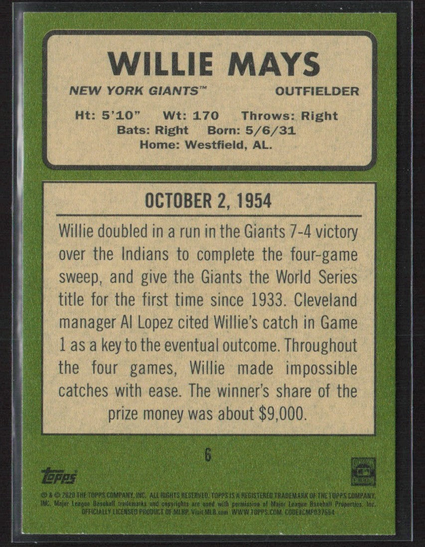 Willie Mays 2020 Topps Heritage 20 Giants Seasons #6 New York Giants