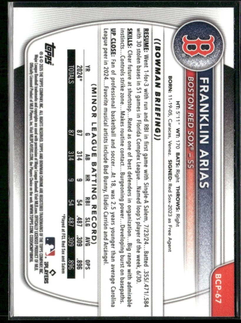 Franklin Arias 2025 Bowman Chrome 1st #BCP-67 Boston Red Sox