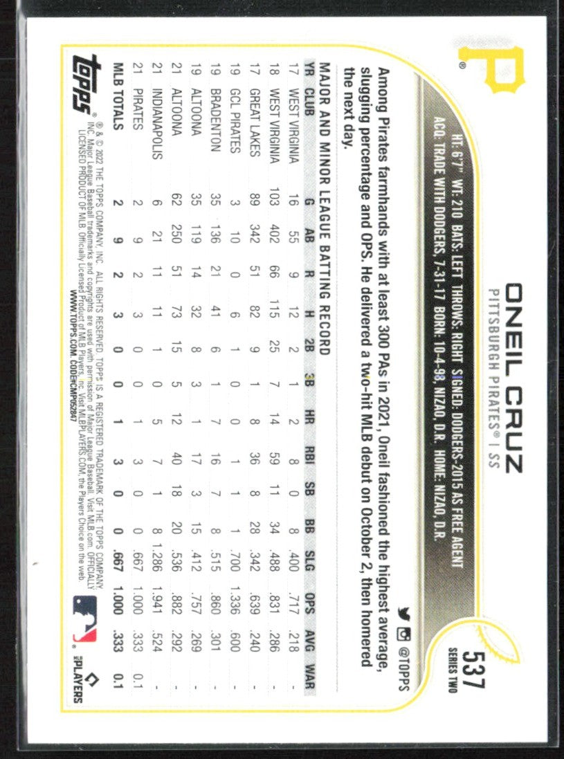 Oneil Cruz 2022 Topps RC #537 Pittsburgh Pirates