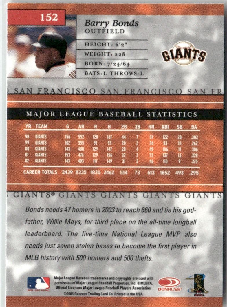 Barry Bonds 2003 Donruss Elite #152 San Francisco Giants