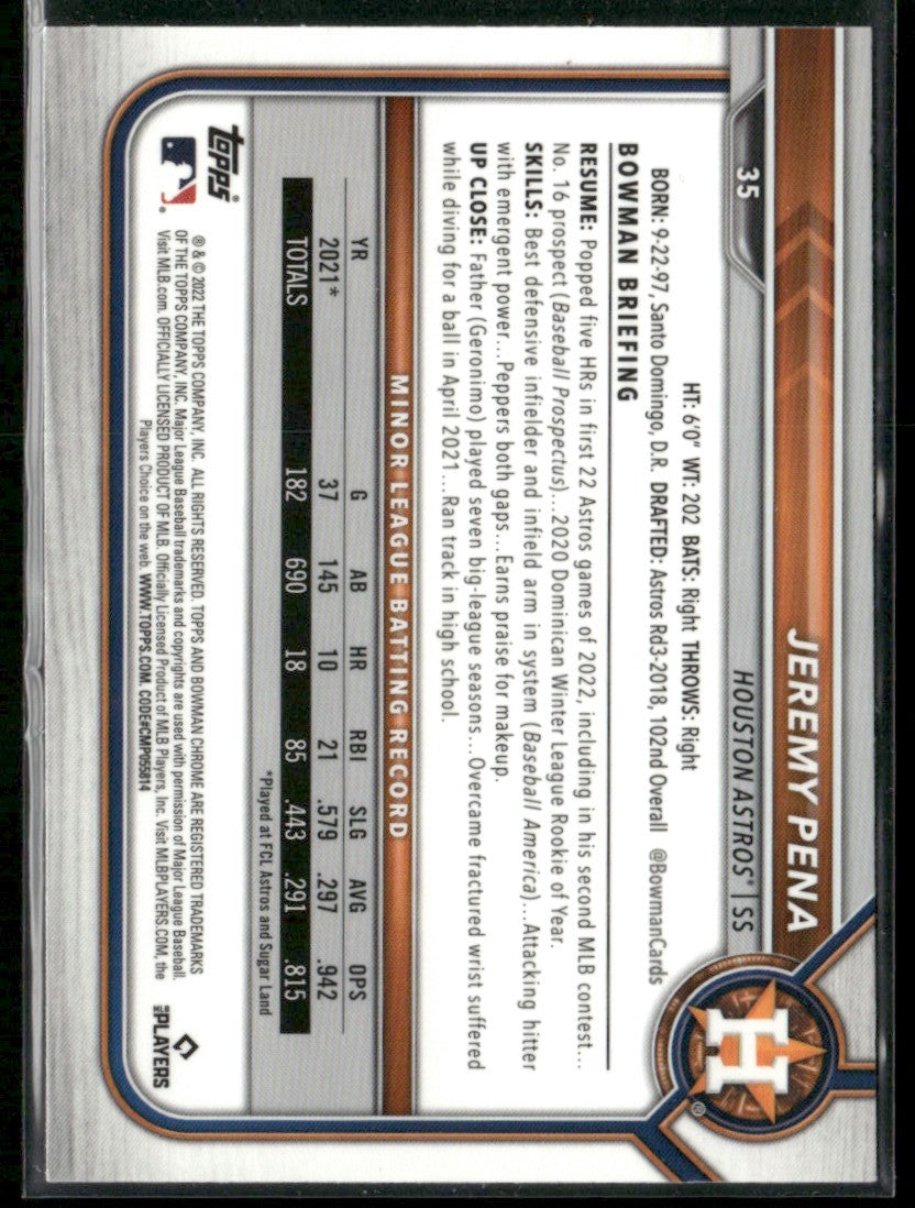 Jeremy Pena 2022 Bowman Chrome RC #35 Houston Astros