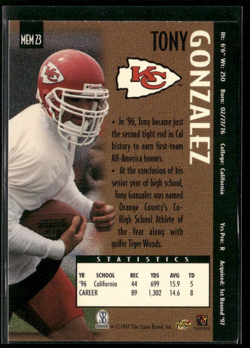 Tony Gonzalez 1997 Pro Line Memorabilia RC #MEM23 Kansas City Chiefs