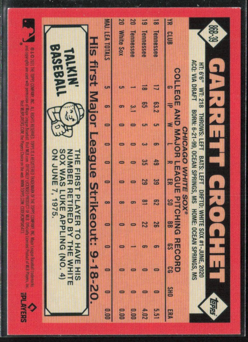 Garrett Crochet 2021 Topps 1986 Design RC #86B-39 Chicago White Sox