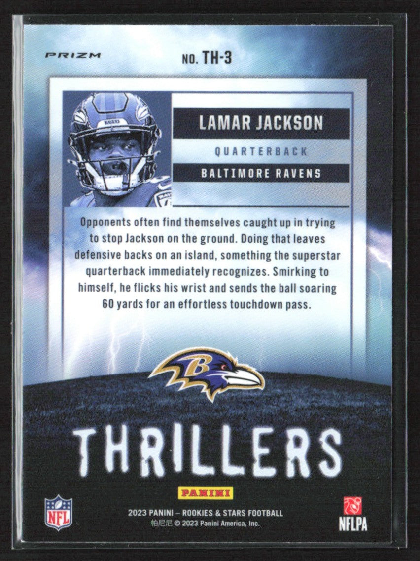 Lamar Jackson 2023 Panini Rookies & Stars Thrillers Silver Prizm #TH-3