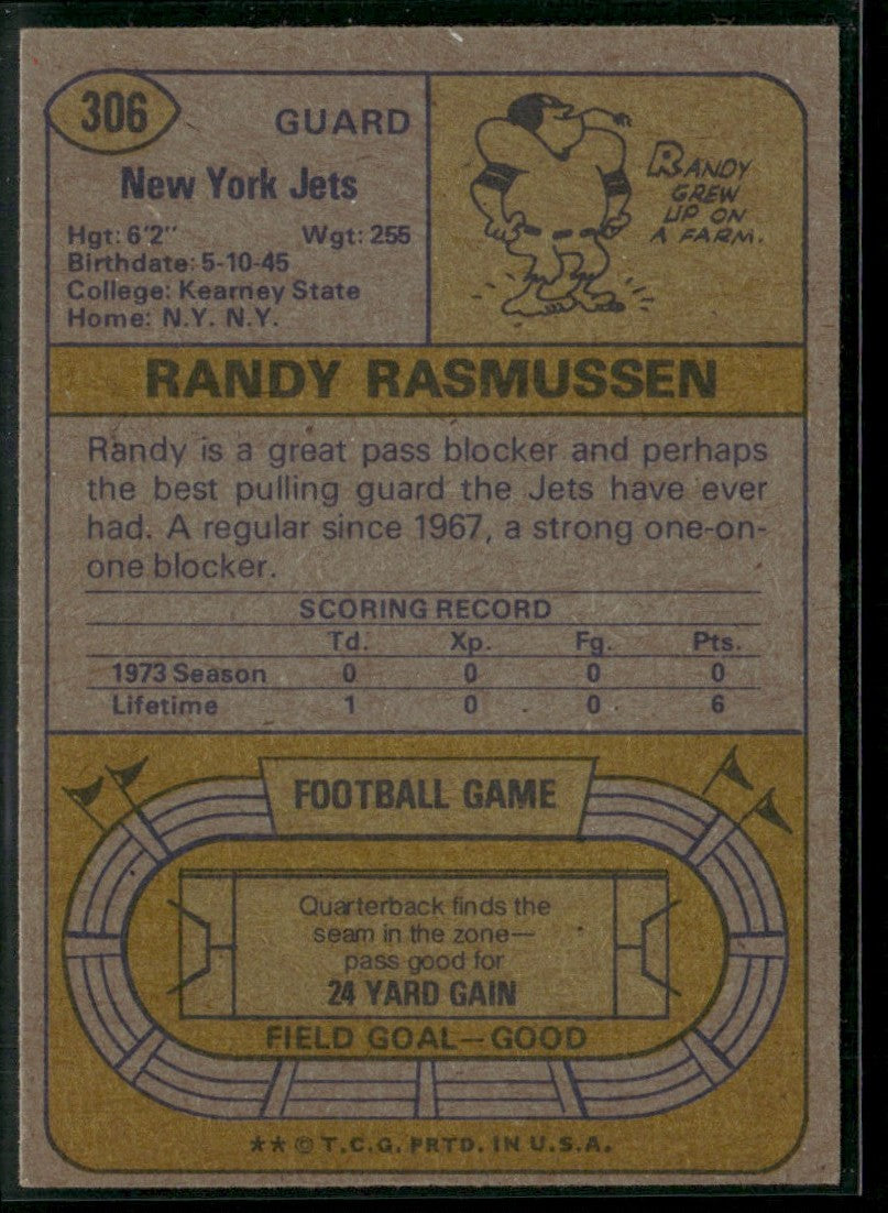 Randy Rasmussen 1974 Topps #306 New York Jets